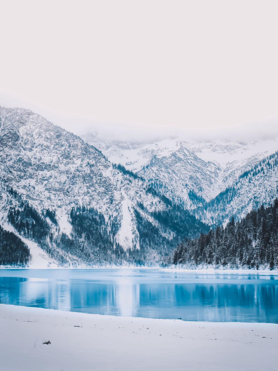 Turquoise mountain lake ringed by snowy peaks and forest